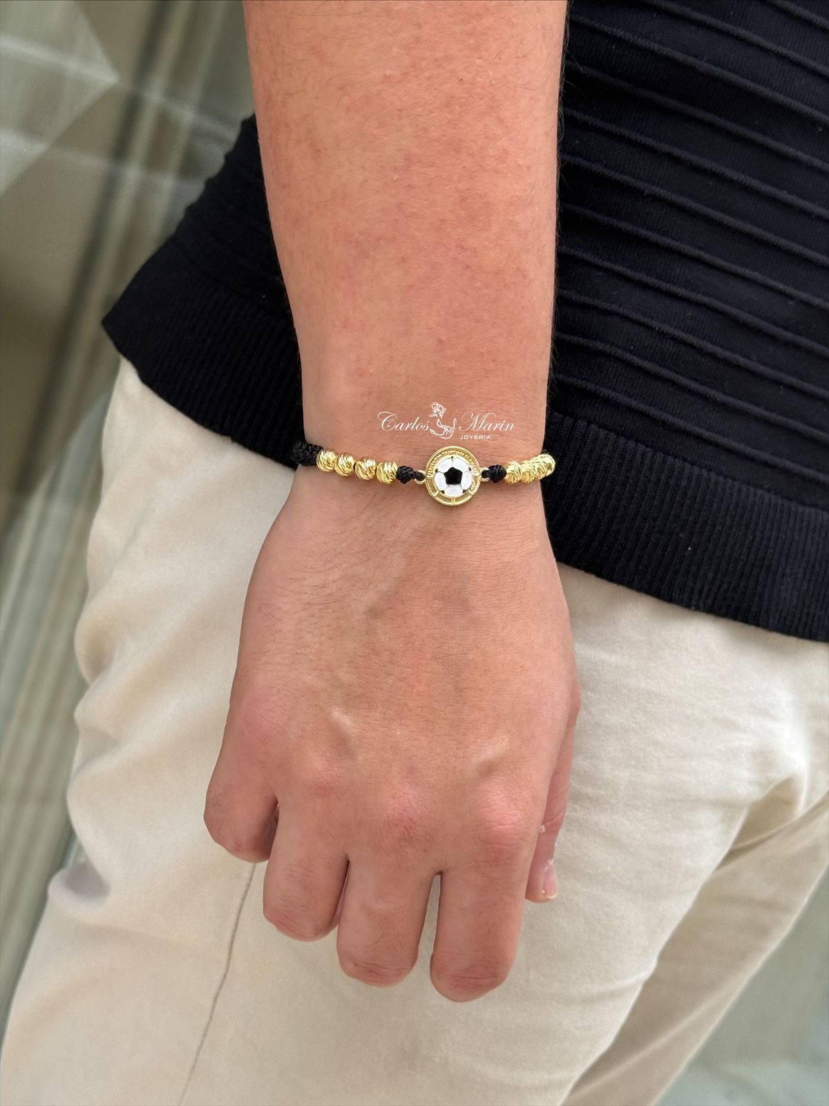 Pulsera Tejida con Herraje Balón de Fútbol Mundialista en Oro Laminado