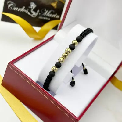 Pulsera Tejido Negro con balines #6 en Oro 18K