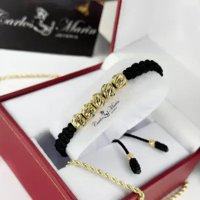 Pulsera Tejido Negro Con balines #8 en Oro 18K