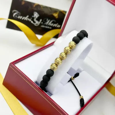 Pulsera Tejido Negro Con balines #6 en Oro 18K