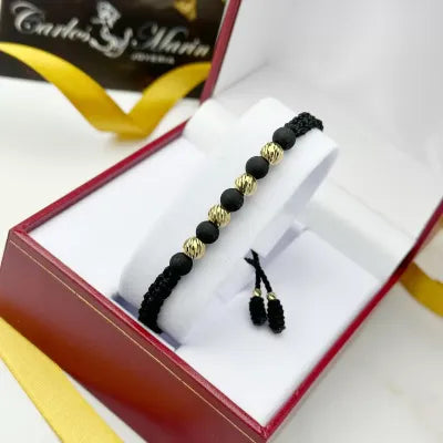 Pulsera Tejida Negro Con balines #6 en Oro 18K