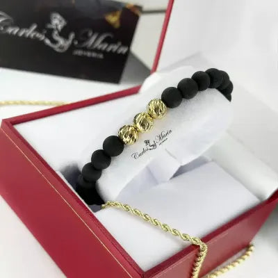 Pulsera Tejido Negro Con balines  #8 en Oro 18K