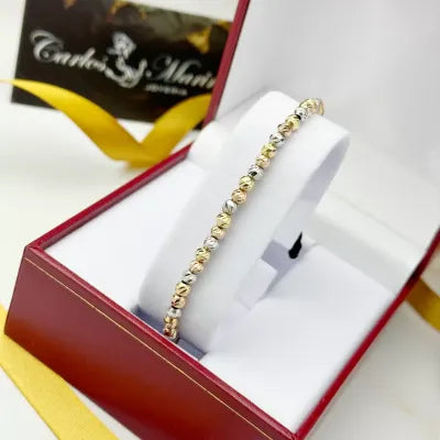 Pulsera Tejido Negro Con balines en #3 Tres Oros de 18K