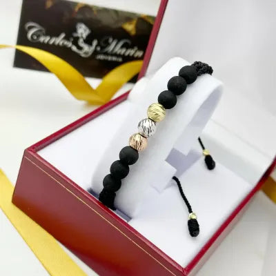 Pulsera Tejido Negro Con balines #8  en Tres Oros 18K