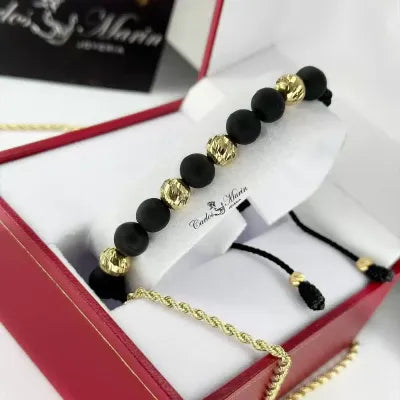 Pulsera Tejido Negro con balines #7 en Oro 18K