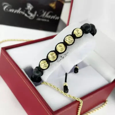 Pulsera Tejido Negro Con balines  #8 en Oro 18K