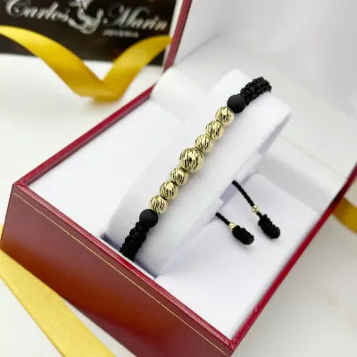 Pulsera Tejido Negro Con balines #6 y #8 en Oro 18K