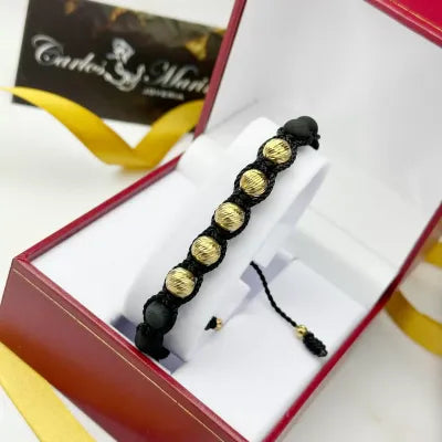 Pulsera Tejido Negro con balines  #8 en Oro 18K