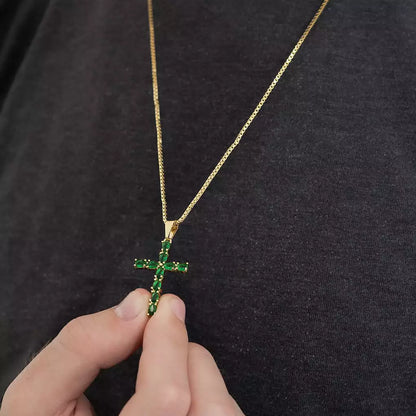 Dije Cruz con Circones Verdes en Oro Laminado
