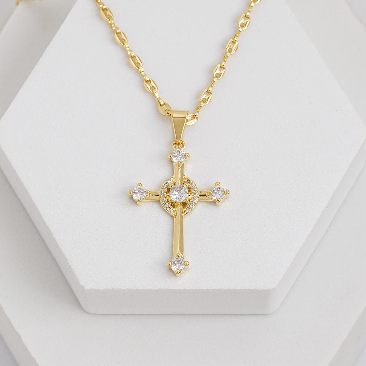 Dije Cruz Cristal en Oro Laminado
