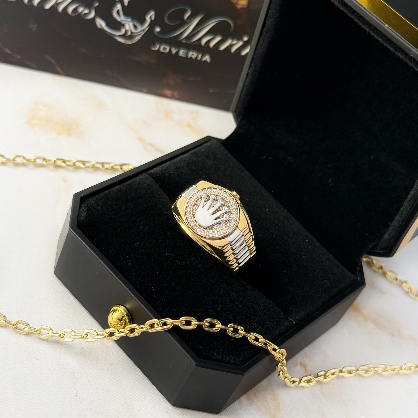 Anillo Corona RX en 3 Oros 18K para Hombre con circones