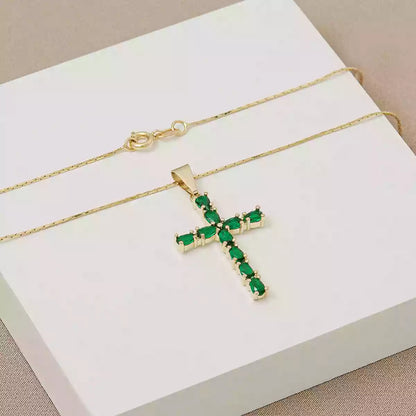 Dije Cruz con Circones Verdes en Oro Laminado