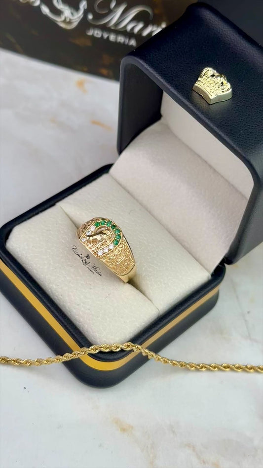 Anillo Hombre Herradura con Circones Verdes y Blancos en Oro 18K