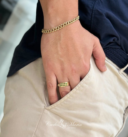 Anillo Hombre Punta Diamante con Piedras Verdes Oro 18K