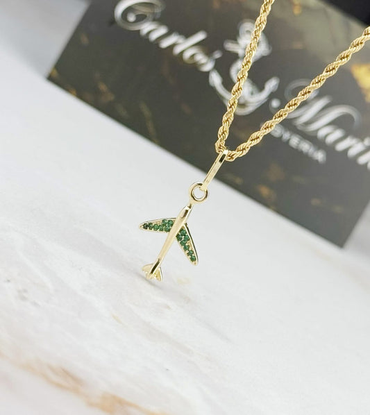 Dije Avión con Circones Verdes En Oro de 18k