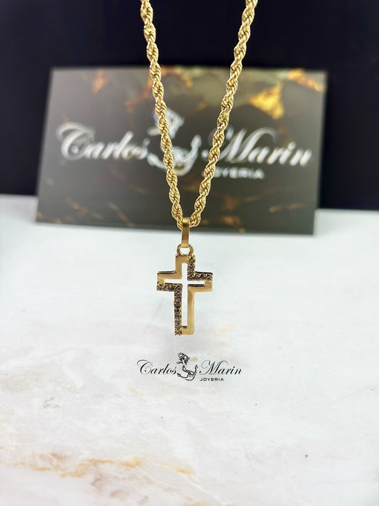 Dije Cruz Silueta con Circones en Oro 18K