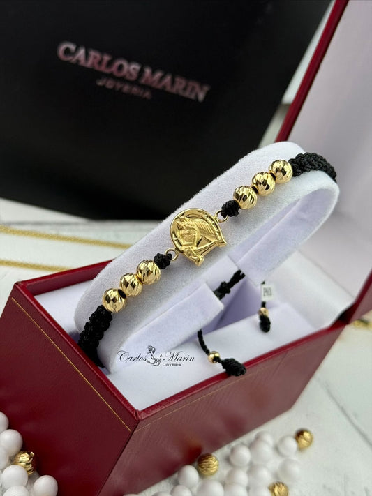 Pulsera Tejida con 6 balines #6 y Herradura de caballo en Oro 18K