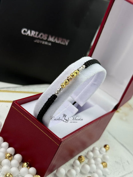 Pulsera Tejido Negro Con balines #3 y #4 en Oro 18K