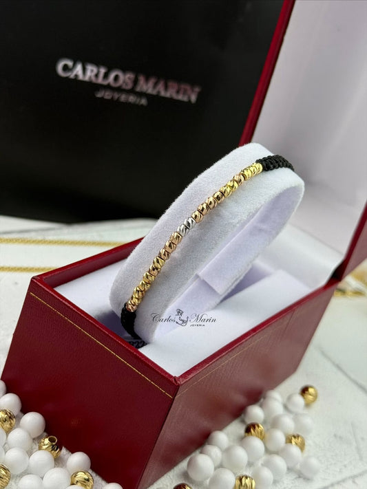 Pulsera Tejido Negro Con balines #3 en tres Oros 18K