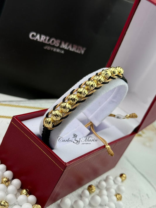 Pulsera Tejido Negro Con balines #7 en Oro 18K