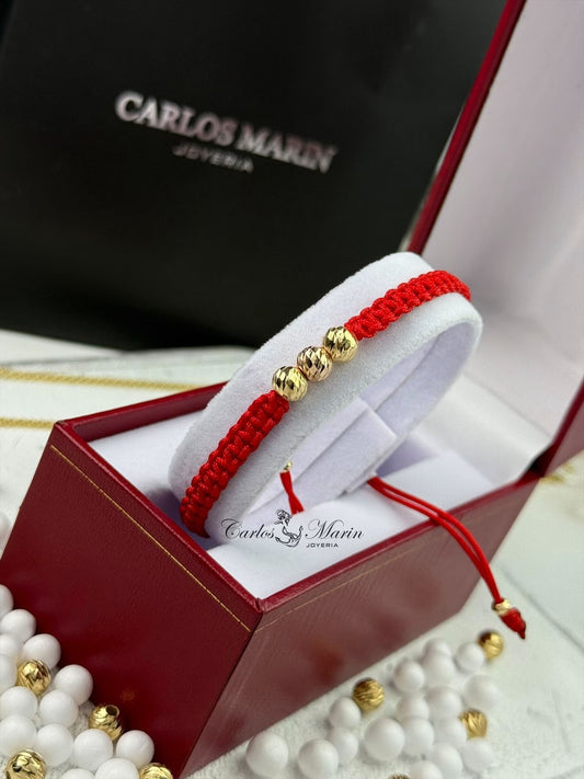 Pulsera Tejido Rojo Con balines #6 en Oro 18K