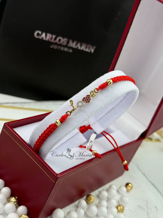 Pulsera Tejida con 2 balines #2 y Herraje love en Oro 18K