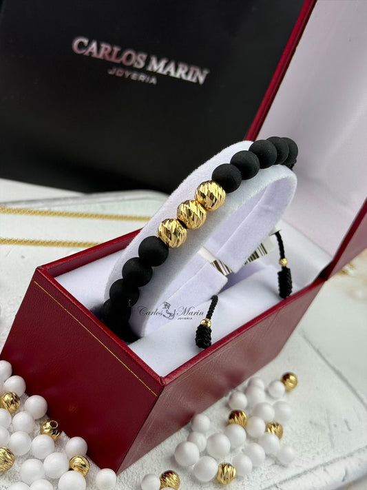 Pulsera Tejido Negro con balines #8 Oro 18K