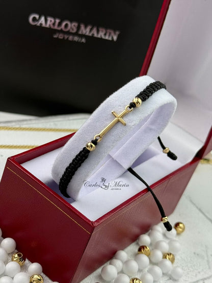 Pulsera Tejida con 2 Balines #4 + Herraje Cruz en Oro 18K