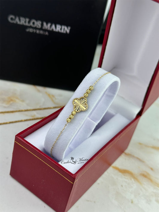Pulsera Trébol Diamantado con Balines en Oro de 18K