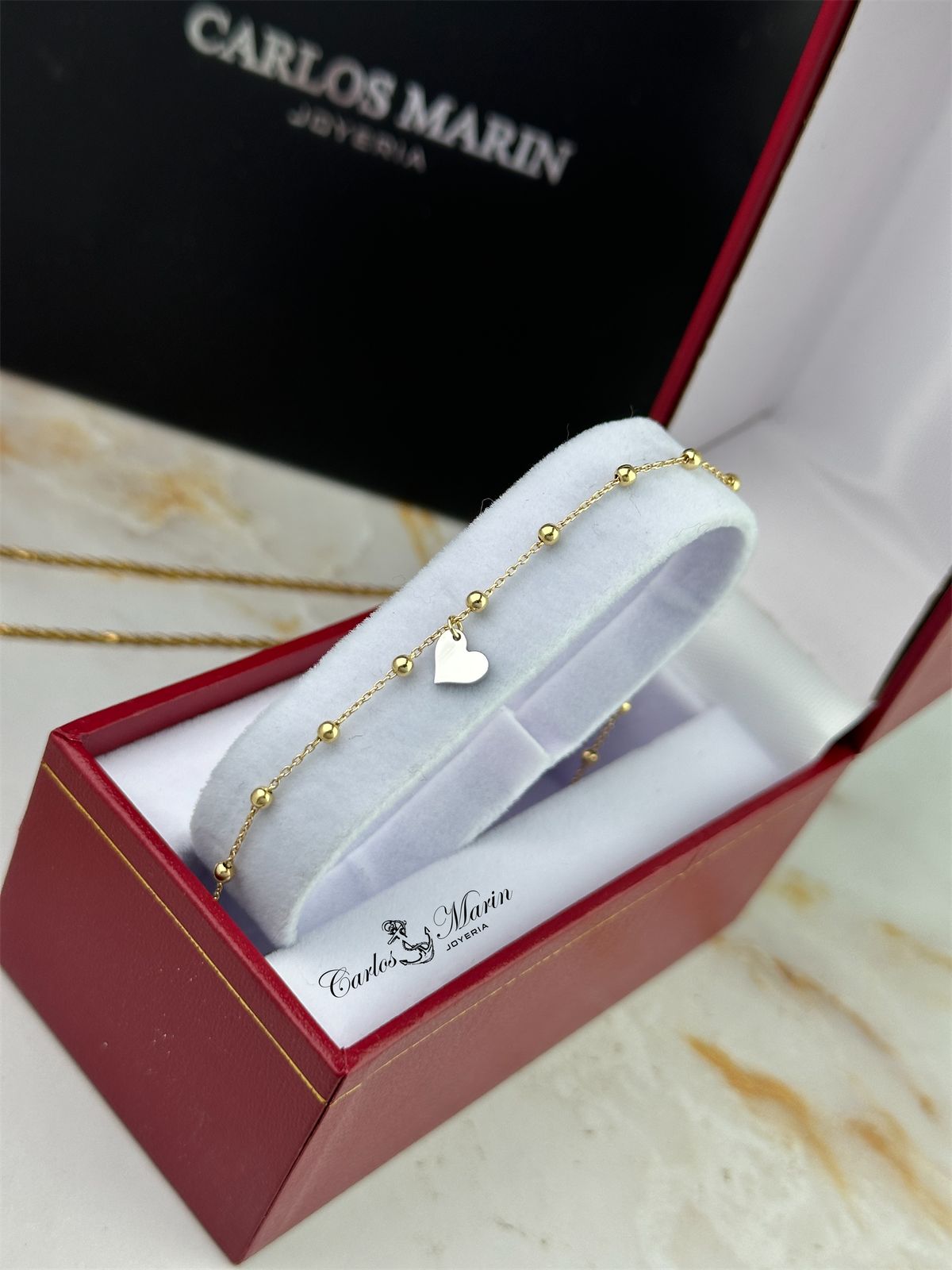 Tobillera con Mini Balines de 25 cm y Corazón en Oro 18K