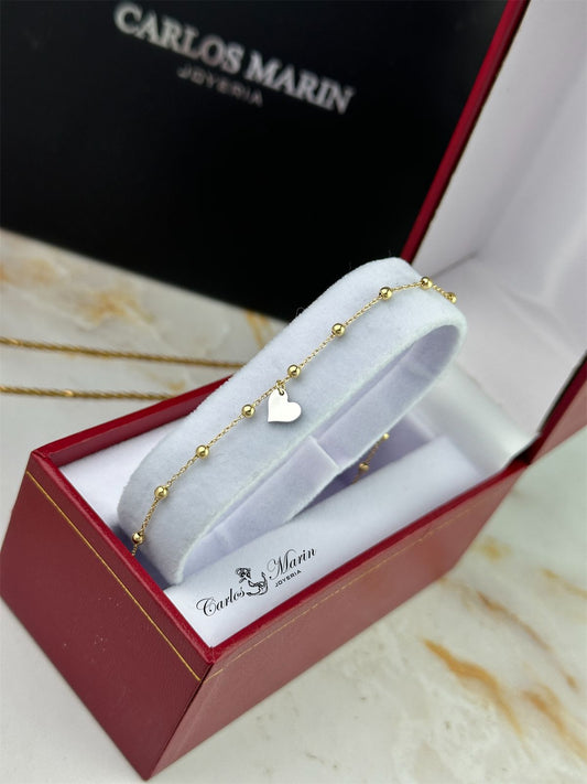 Tobillera con Mini Balines de 25 cm y Corazón en Oro 18K