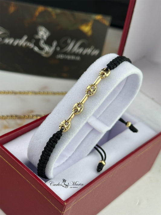 Pulsera Tejida de Hilo Negro con Detalles en Oro 18K PTGN