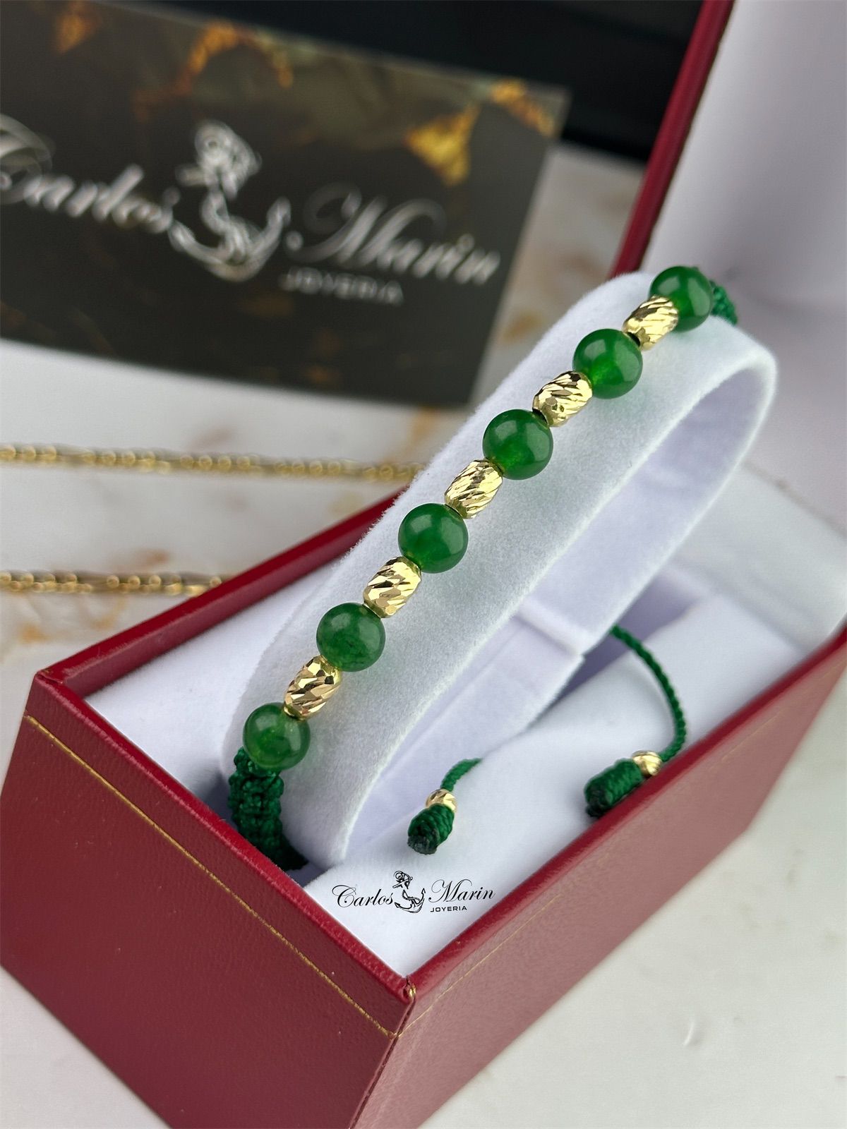 Pulsera Tejido Verde con 5 Cilindros #6 y Jade Verde en Oro 18K
