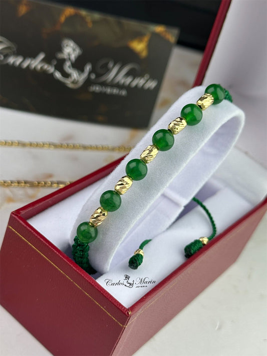 Pulsera Tejido Verde con 5 Cilindros #6 y Jade Verde en Oro 18K