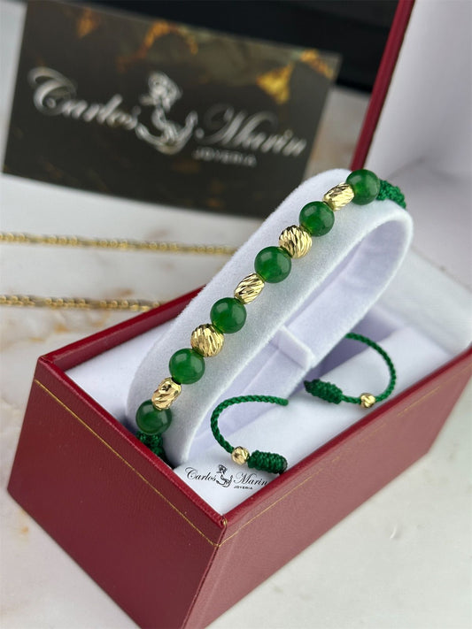 Pulsera Tejido Verde con 2 Balines #6, 3 Cilindros #6 en Oro 18K