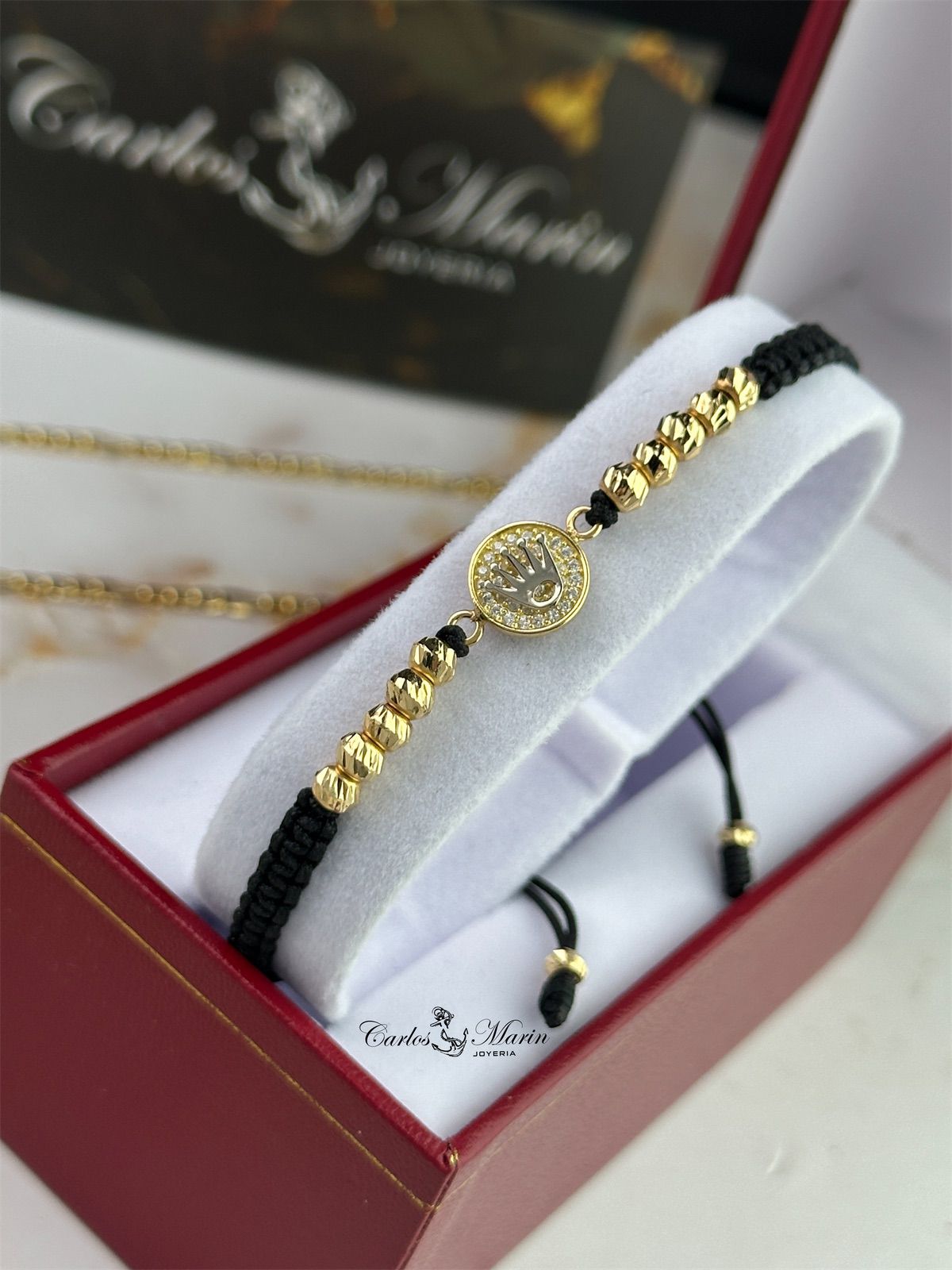 Pulsera Tejido Negro con 10 Balines #4 y Herraje RX Corona en Oro 18K