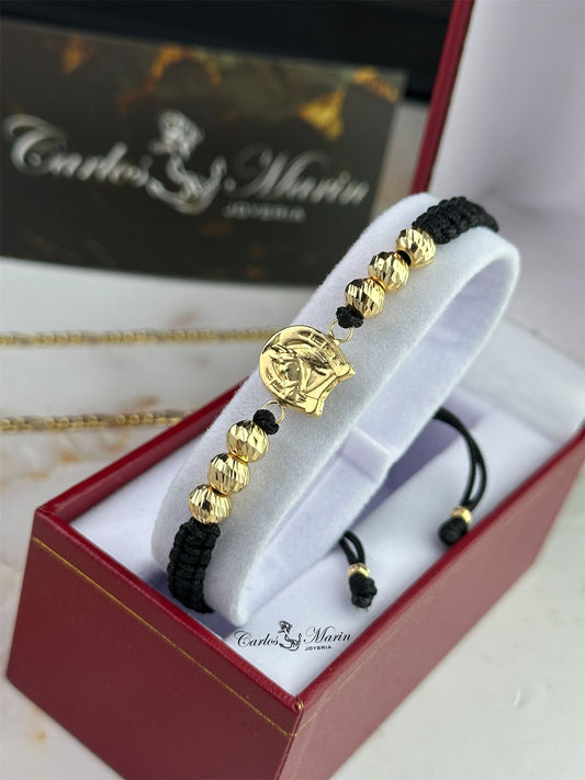 Pulsera Tejido Negro con 6 Balines #6 y Herraje Herradura en Oro 18K