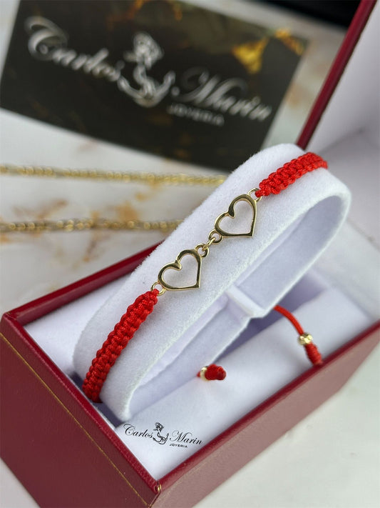 Pulsera Tejido Rojo con Herraje Dos Corazones en Oro 18K