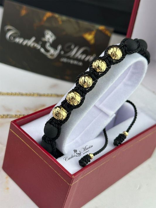 Pulsera Tejido Negro con 5 Balines #8 Diamantados en Oro 18K