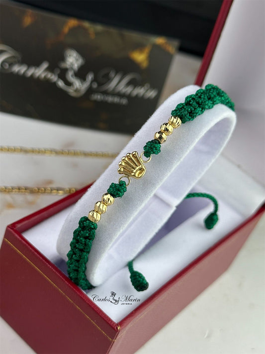 Pulsera Tejido Verde con 6 Balines #6 y Herraje RX Corona en Oro 18K