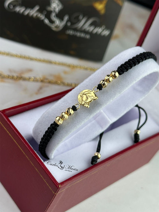 Pulsera Tejido Negro con 6 Balines #4 Diamantados y Herraje Caballo en Oro 18K