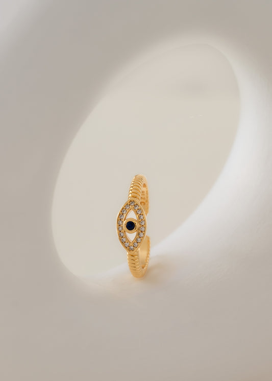 Anillo Ojo Turco Azul Ajustable Oro Laminado