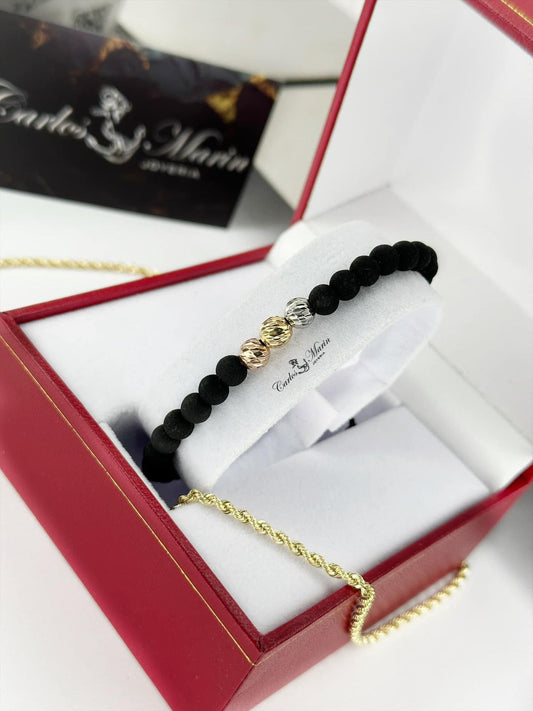Pulsera 3 balines #6 diamantados 3 oros 18K elegante