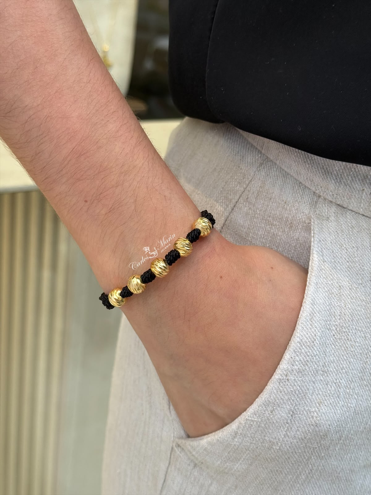 Pulsera 5 Balines #8 Diamantados con Nudos en Oro Laminado