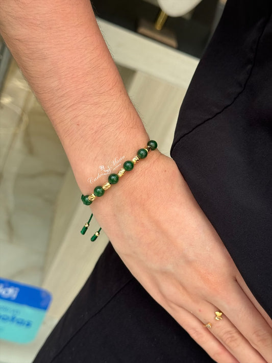 Pulsera Tejida con 5 Cilindros #6 + Jade Verde en Oro 18K