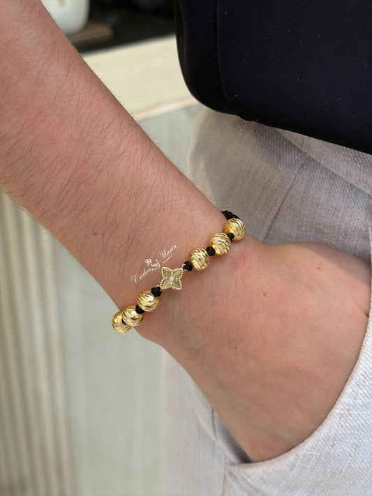 Pulsera Tejida 6 Balines Diamantados + Herraje Lottus en Oro Laminado