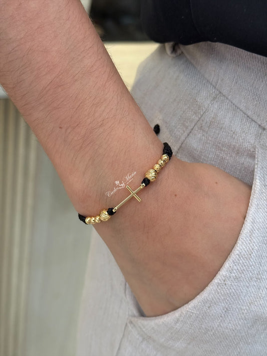 Pulsera Tejida 8 Balines Diamantados + Herraje Cruz en Oro Laminado