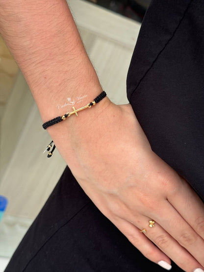 Pulsera Tejida con 2 Balines #4 + Herraje Cruz en Oro 18K