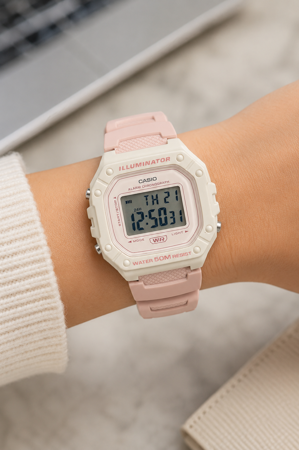 Reloj Casio Digital Illuminator Beige Rosado Ref. W-218HC-4A2VDF