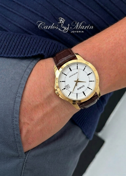 Reloj Casio Hombre Dorado Cuero Café Ref. MTP-V004GL-7AUDF